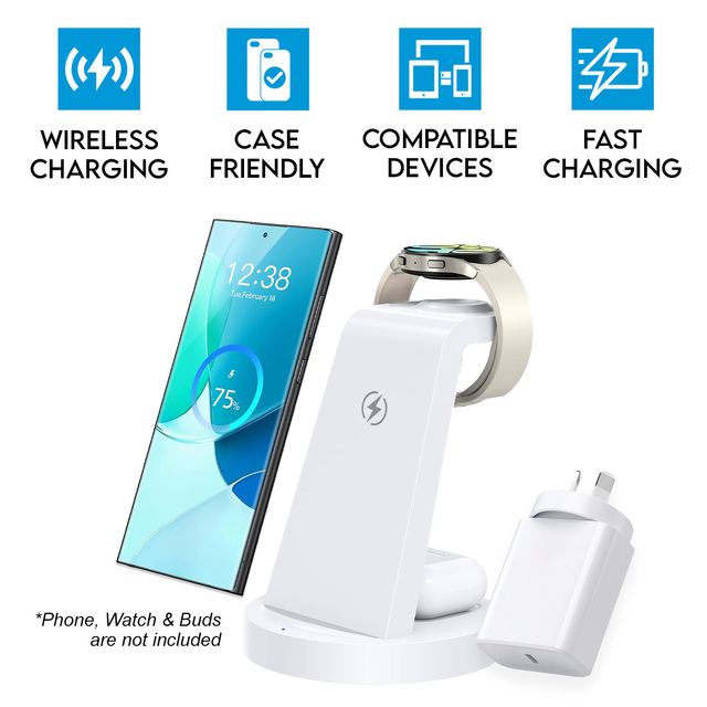 3 in 1 Wireless Charging Station for Android Samsung S24 Ultra S23 S22 S21 S20 Note 20 10 Z Fold Galaxy Watch Buds White Power Adapter