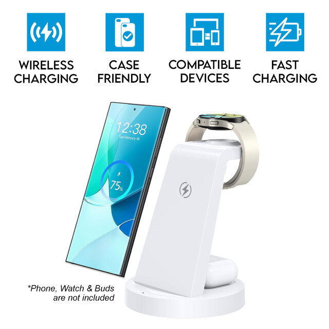 3 in 1 Wireless Charging Station for Android Samsung S24 Ultra S23 S22 S21 S20 Note 20 10 Z Fold Galaxy Watch Buds White