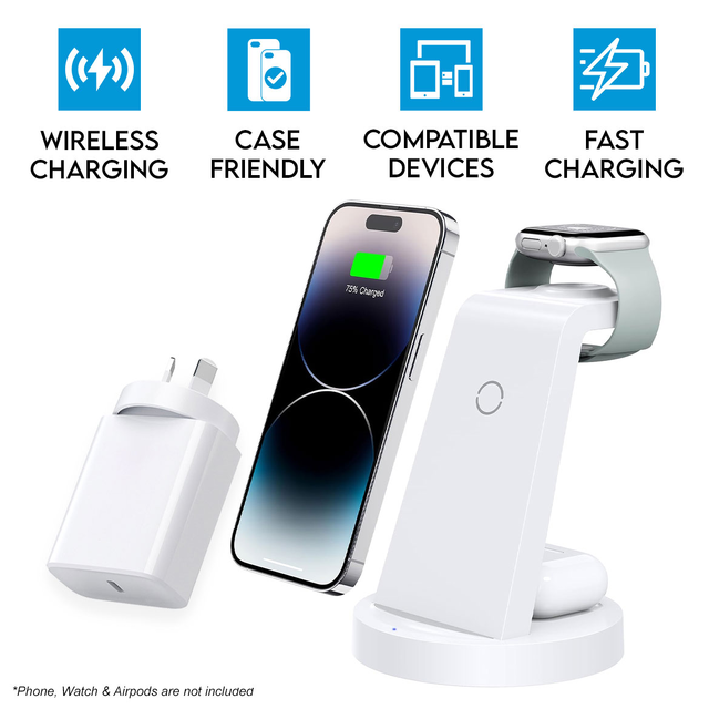 3-in-1 Wireless Charging Station for iPhone 16 15 14 13 12 11 X Pro Max Apple Watch and AirPods CW350 White with 20W USB-C Power Adapter