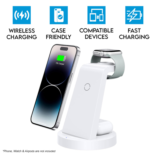 3 in 1 Wireless Charging Station for iPhone 16 15 14 13 12 11 X Pro Max Apple Watch and AirPods CW350 White