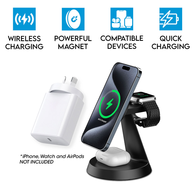 3 in 1 Magnetic Wireless Charging Station for iPhone 16/15/14/13/12 Series Charger for Multiple Apple Devices Apple Watch AirPods F9 Black Power Adapt