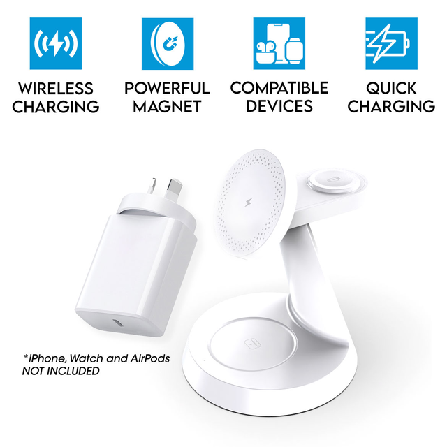 3 in 1 Magnetic Wireless Charging Station for iPhone 16/15/14/13/12 Series Charger for Apple Watch AirPods F9 White Power Adapter