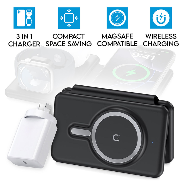 3 in 1 Foldable Fast Magnetic Wireless Charger for iPhone Apple Watch & Airpods Black Power Adapter