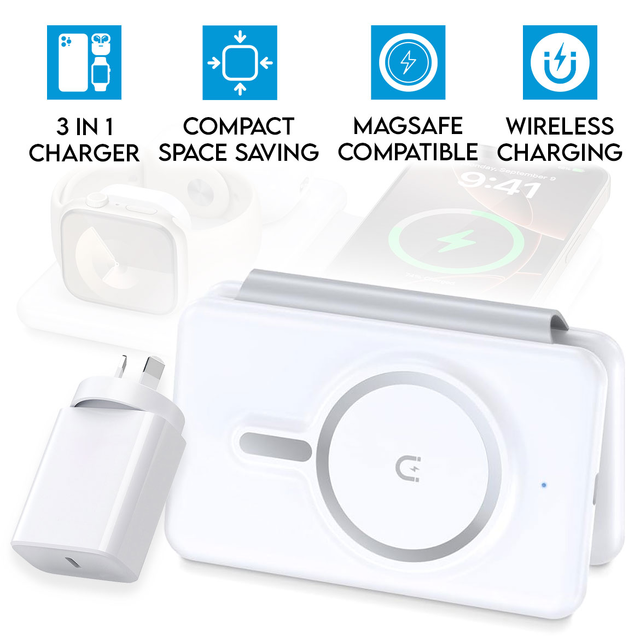 3 in 1 Foldable Fast Magnetic Wireless Charger for iPhone Apple Watch & Airpods White Power Adapter