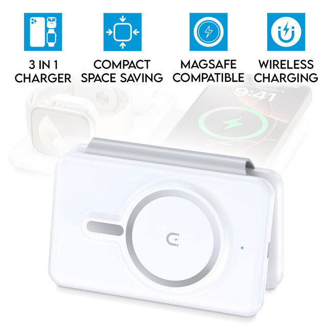 3 in 1 Foldable Fast Magnetic Wireless Charger for iPhone Apple Watch & Airpods White