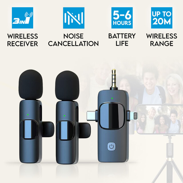 3 in 1 Wireless Lavalier Microphones for iPhone iPad Android Laptops Camera Interviewing Live Streaming Vlogging