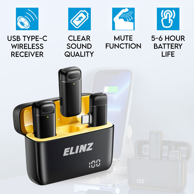 Elinz Wireless Lavalier Microphones with 300mAh Charging Case USB Type-C for Android/iPhone 15 Video Recording Interview Vlog Live Streaming